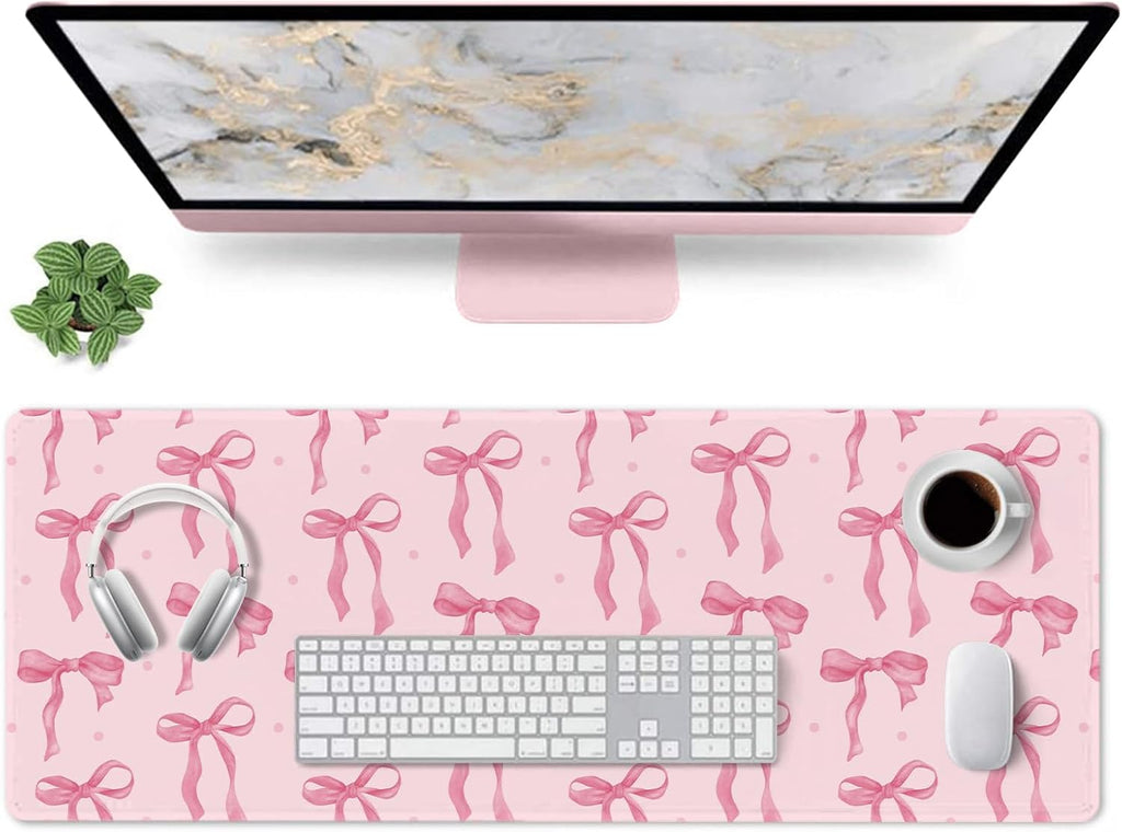 Pink Mouse Pad, Bows Desk Mat Computer Mat Desk Accessories 31.5 x 11.8