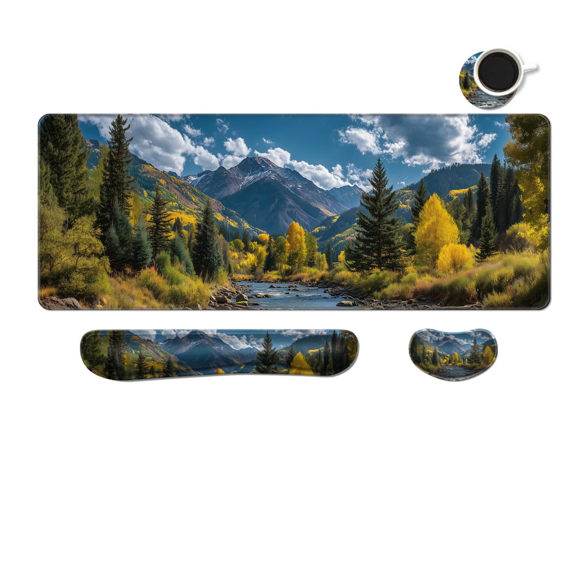 MIBITRI Keyboard Mouse Pad Set, Extended Gaming Mouse Pad+Ergonomics Keyboard Wrist Rest Support, Memory Foam, Easy Typing Pain Relief, 4Pcs XXL Ultra Thick Desk Mat, Enchanted Bookshelf