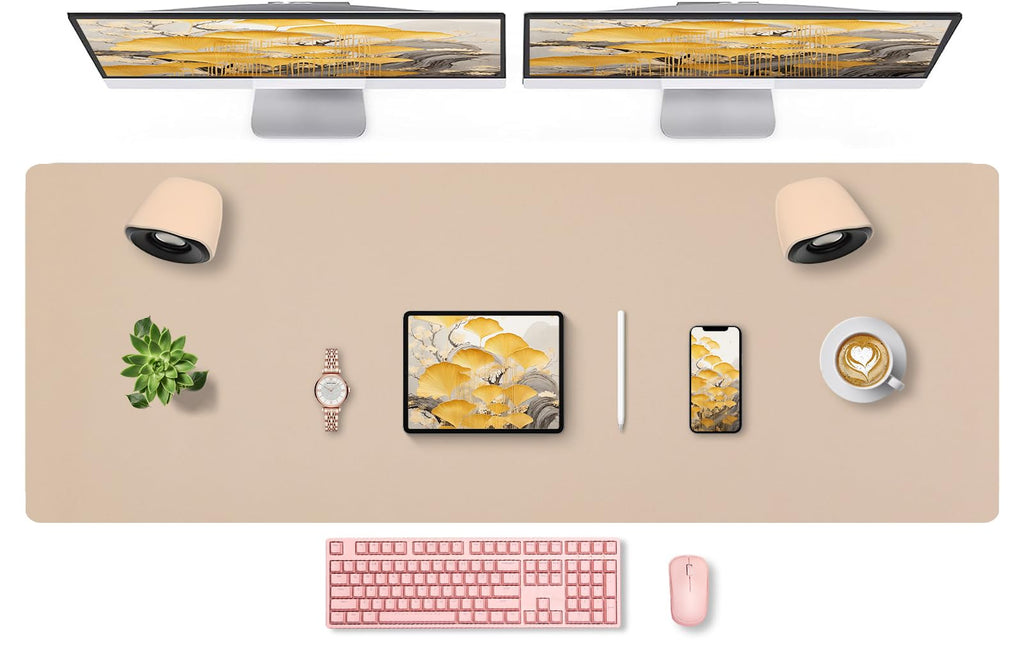Bloss Leather Desk Pad and Keyboard Wrist Rest, Large Mouse Pad + Keyboard Pad+Mouse Wrist Support, Non-Slip Desk Mat Protector for Office, Home(31.5×15.7 Inches,Beige)
