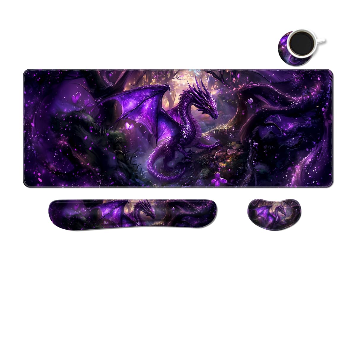 MIBITRI Keyboard Mouse Pad Set, Extended Gaming Mouse Pad+Ergonomics Keyboard Wrist Rest Support, Memory Foam, Easy Typing Pain Relief, 4Pcs XXL Ultra Thick Desk Mat, Enchanted Bookshelf