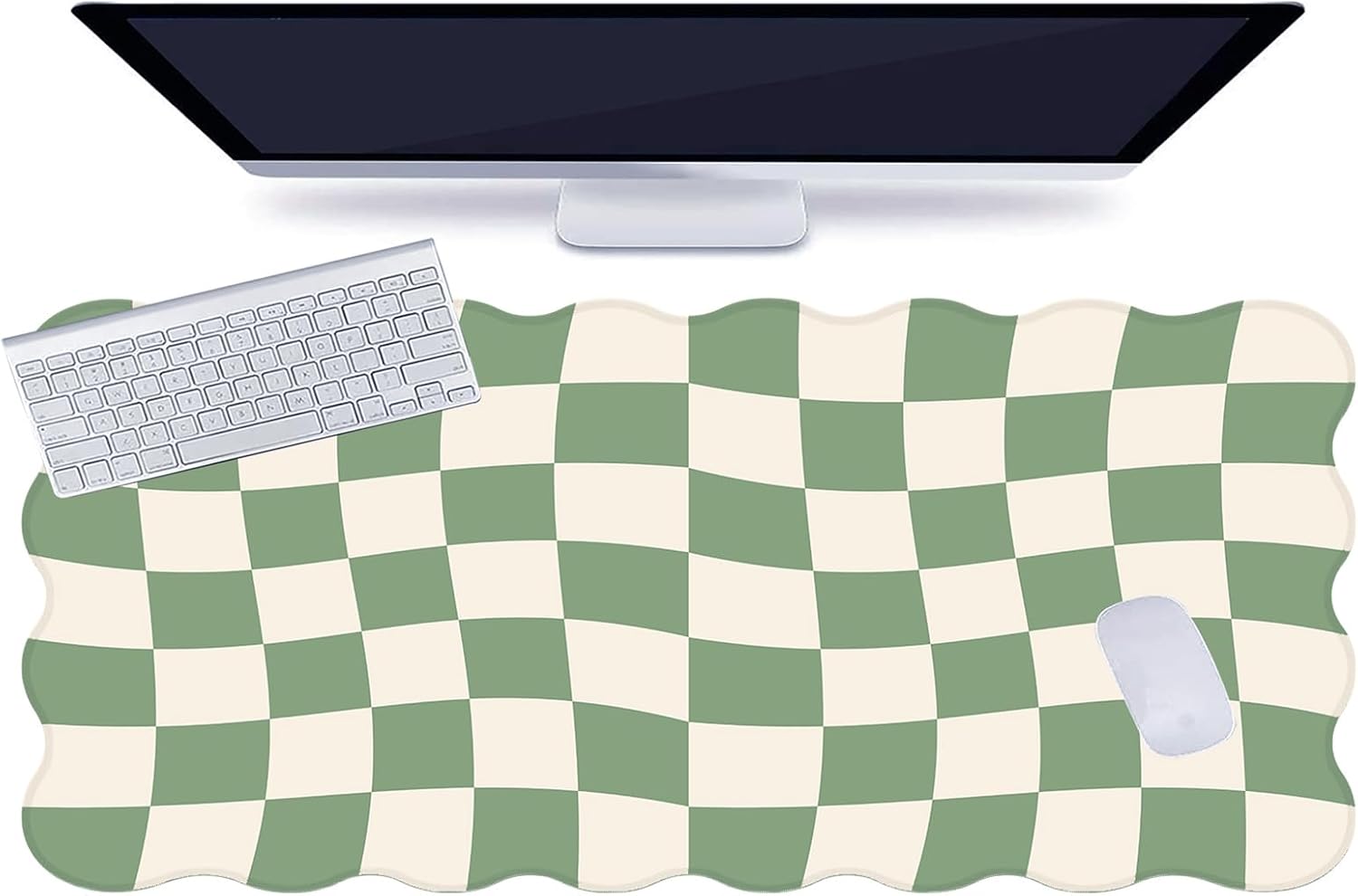 L-SPOUTTO Green Mouse Pad,Geometric Desk Mat XXL Large Scalloped Gaming Mousepad,35.4x15.7in Non-Slip Rubber Base Keyboard Pad Waterproof Desktop Mat for Laptop Computer Game Home Office-Checkered