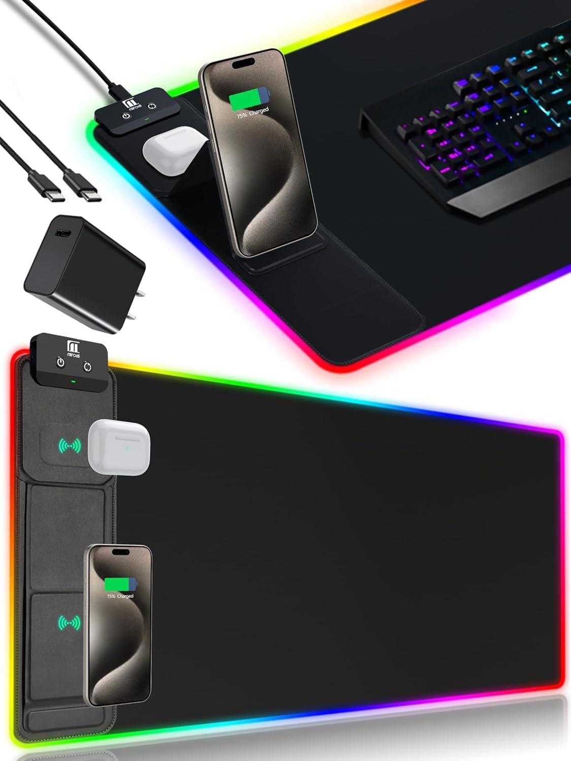 XXL Mouse Pad with Phone Holder - Black, RGB Desk Mat with 15W Fast Charging, LED Gaming Mousepad with 11 Light Colors, Waterproof Non-Slip Pad for Office & Home (Black with PD Adapter)