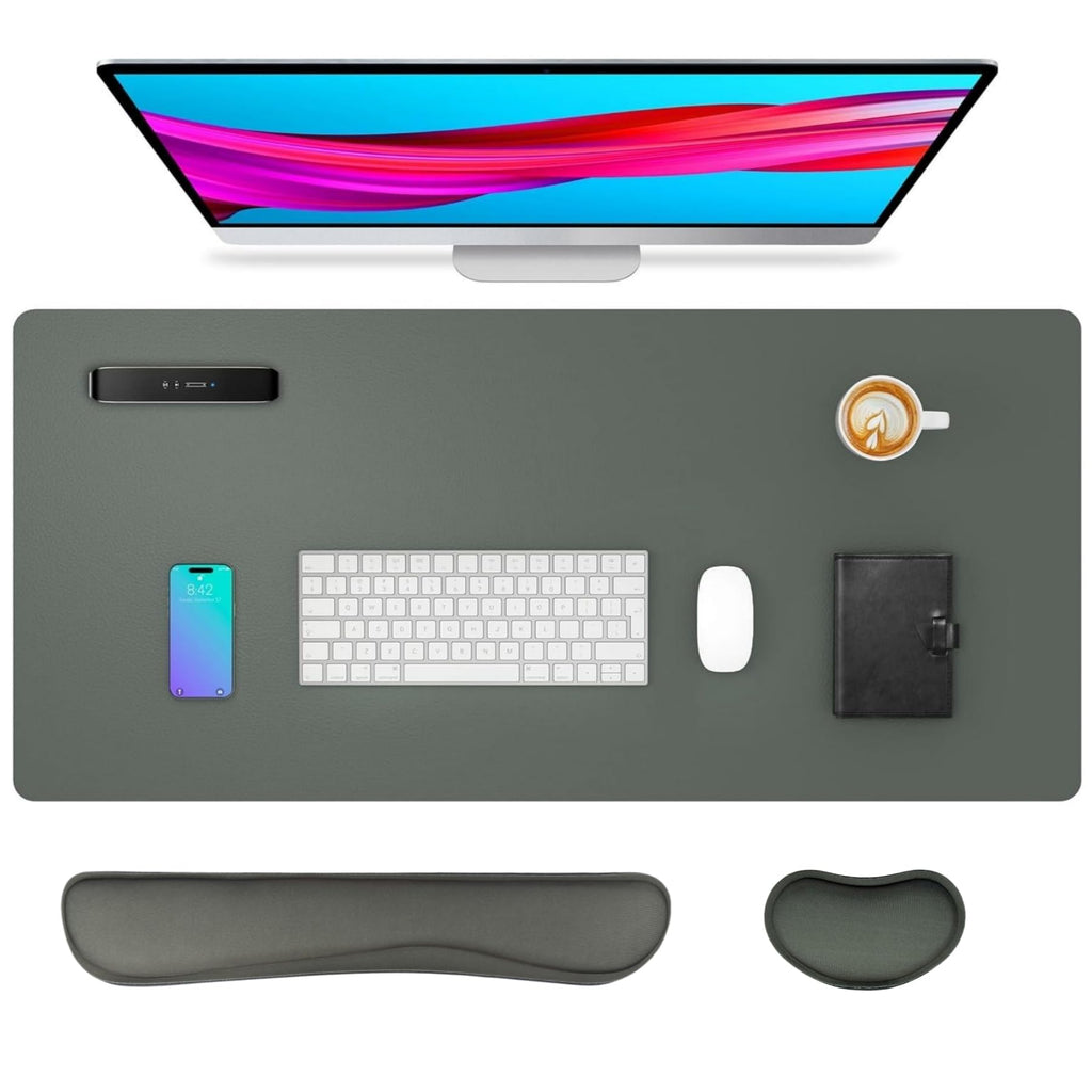 Bloss Leather Desk Pad and Keyboard Wrist Rest, Large Mouse Pad + Keyboard Pad+Mouse Wrist Support, Non-Slip Desk Mat Protector for Office, Home(31.5×15.7 Inches,Beige)