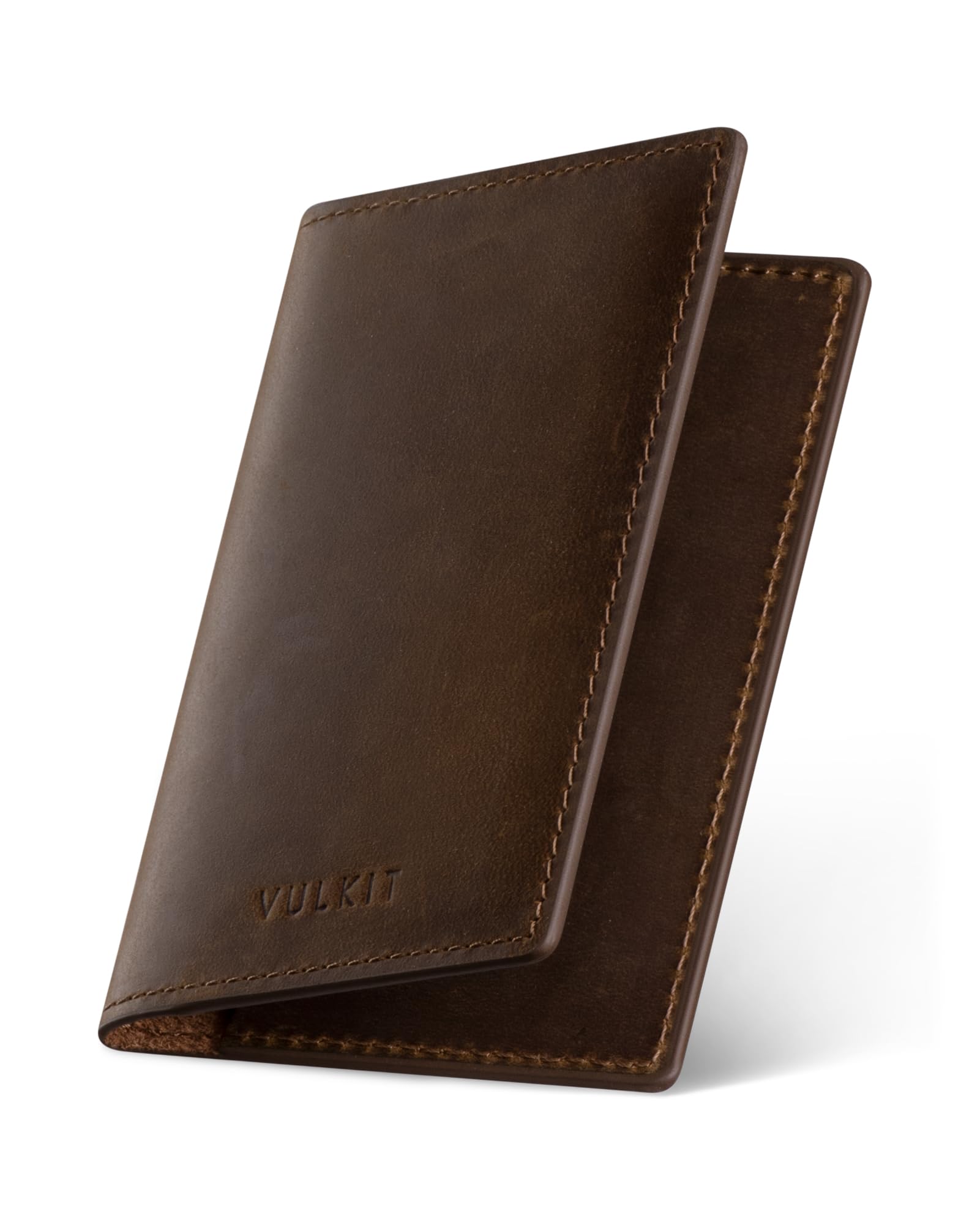 VULKIT Leather Business Card Holder 2 Sided Slim Business Name Card Organizer for Men or Women, Up to hold 20 cards (Vintage Brown)