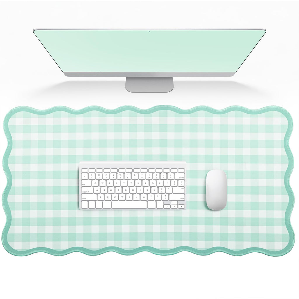 Scalloped Gingham Pink Desk Mat,Large Cute Desk Pad for Keyboard Mouse,Girly Mouse Pad for Desktop Office