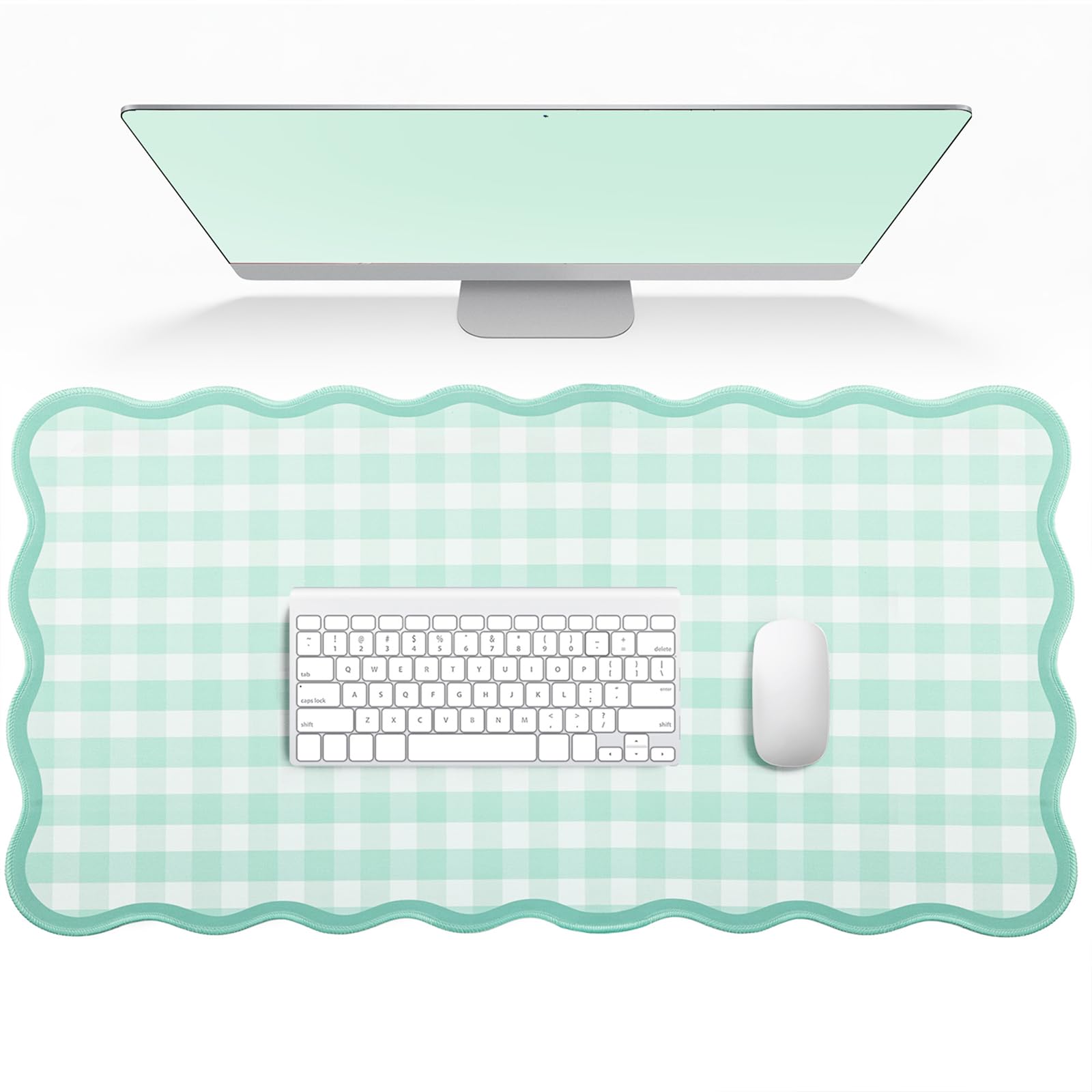 Scalloped Gingham Pink Desk Mat,Large Cute Desk Pad for Keyboard Mouse,Girly Mouse Pad for Desktop Office