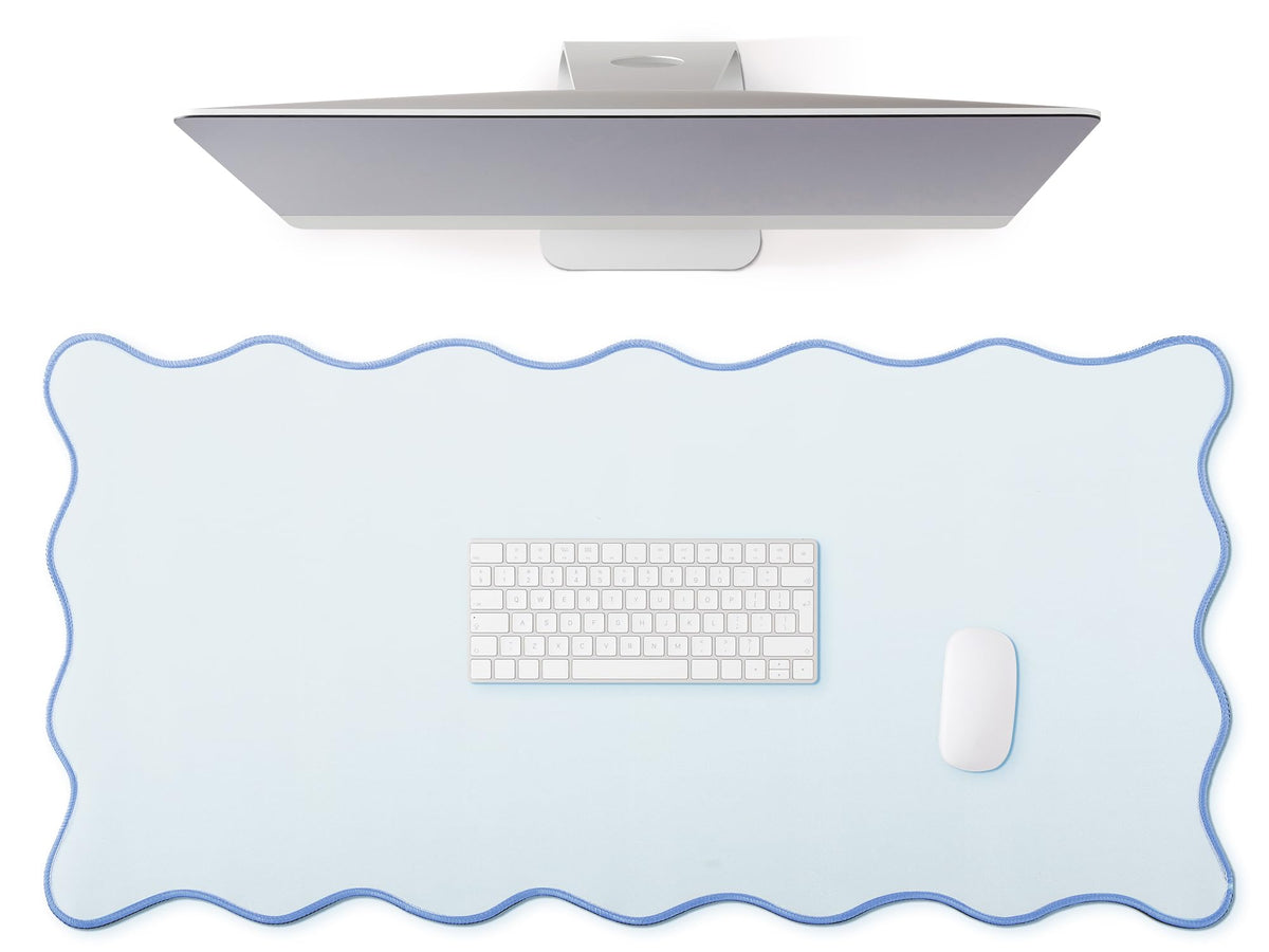 Hahafelt Large Scalloped Desk Mat Pad, Blue, 31.5 x 15.8 Inches
