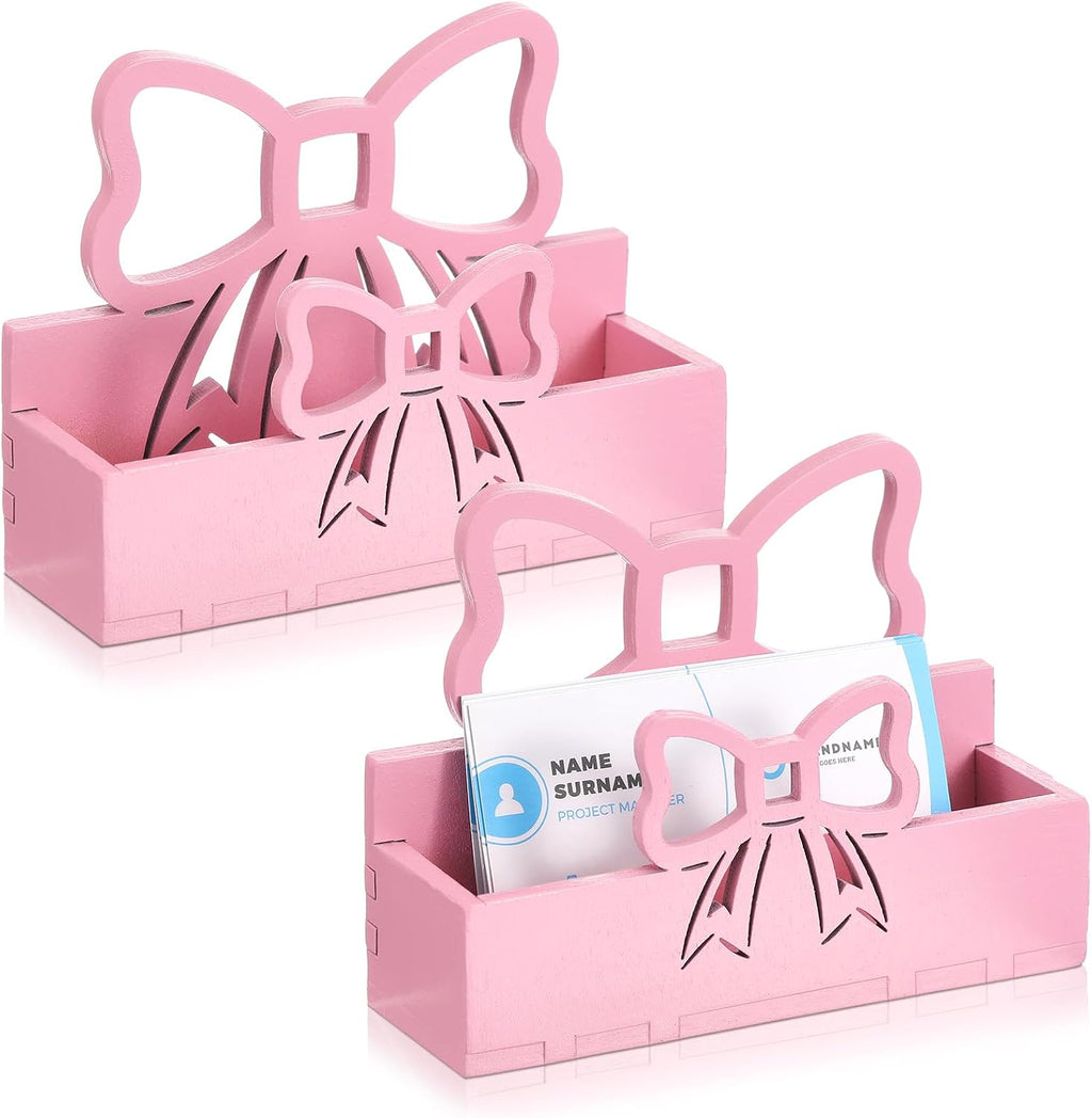 Weysat 2 Pcs Pink Bow Wooden Business Card Holders for Women Desk