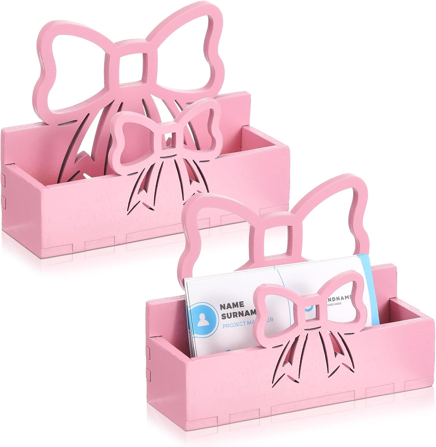 Weysat 2 Pcs Pink Bow Wooden Business Card Holders for Women Desk