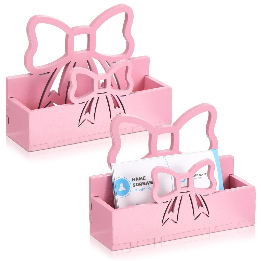 Weysat 2 Pcs Pink Bow Wooden Business Card Holders for Women Desk