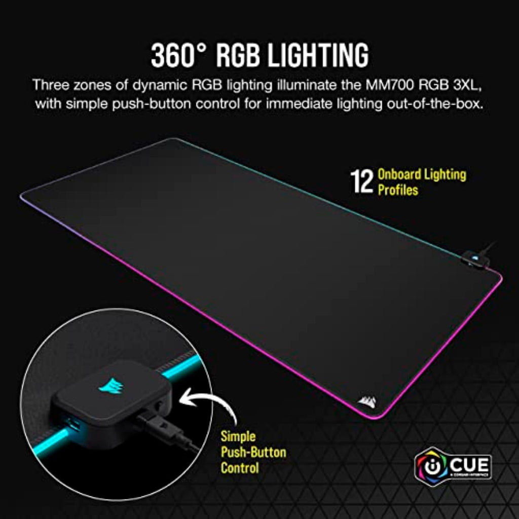 Corsair MM700 RGB Extended 3XL Cloth Gaming Mouse Pad/Desk Mat - Massive 1,220mm x 610mm (48” x 24”) Cloth Surface, 360° Three-Zone RGB Lighting, Two USB Ports - Black
