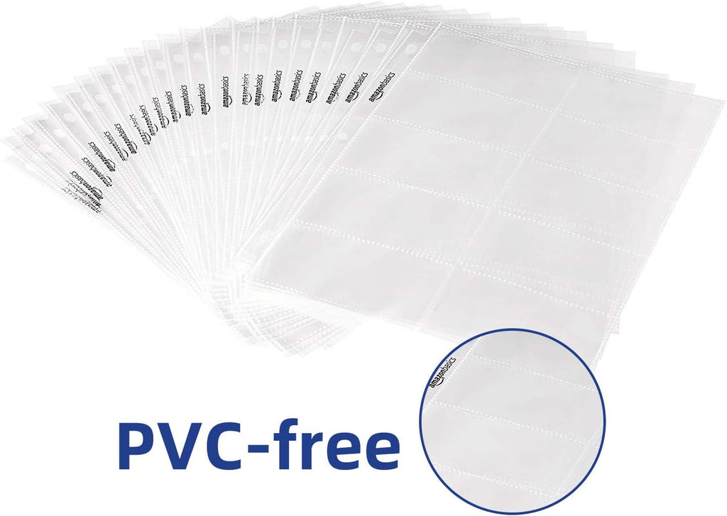 Amazon Basics Plastic Business Card Organizer Sleeves for 3-Ring Binder, Transparent Card Holder, 8.5 x 11 inches, 25-Pack