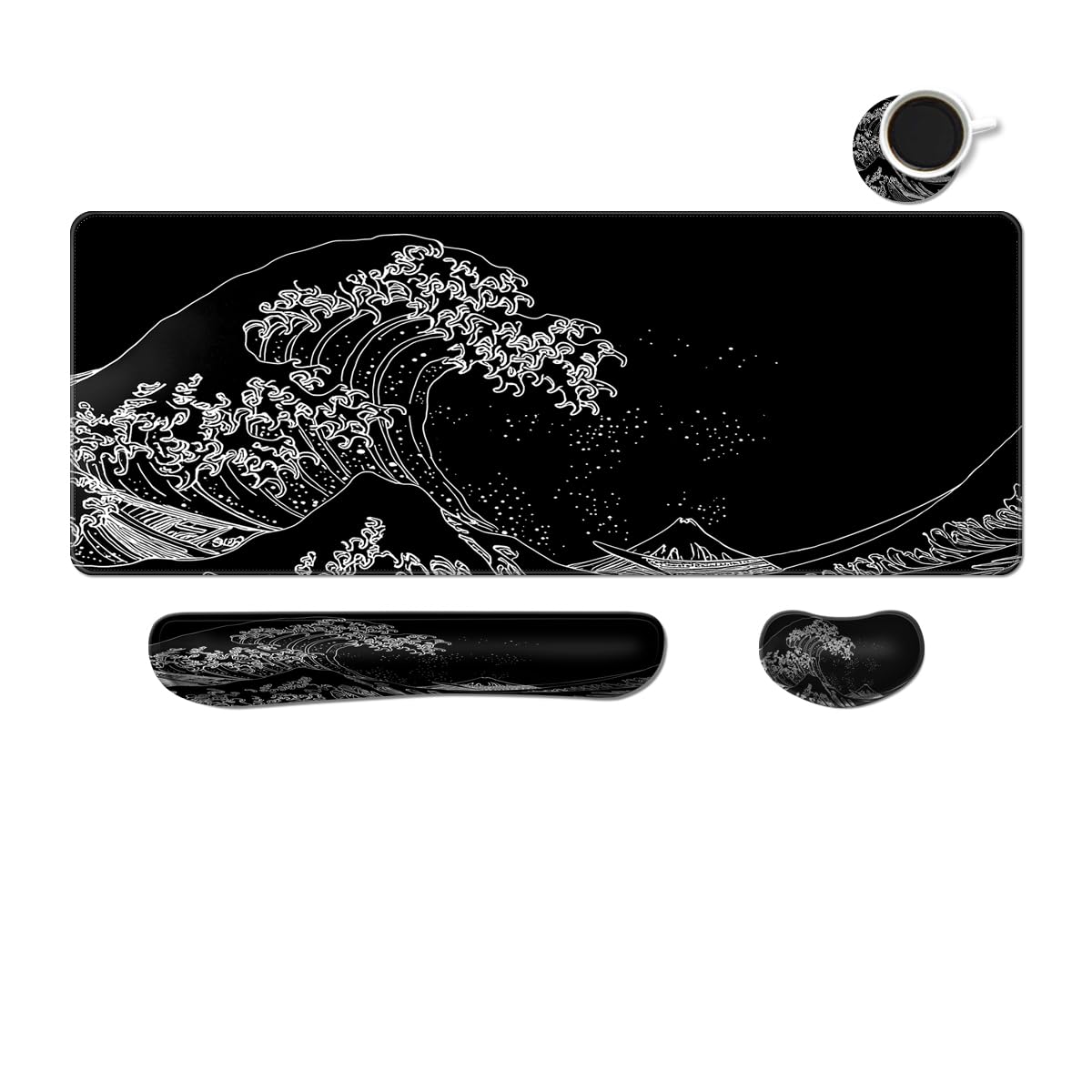 MIBITRI Keyboard Mouse Pad Set, Extended Gaming Mouse Pad+Ergonomics Keyboard Wrist Rest Support, Memory Foam, Easy Typing Pain Relief, 4Pcs XXL Ultra Thick Desk Mat, Enchanted Bookshelf