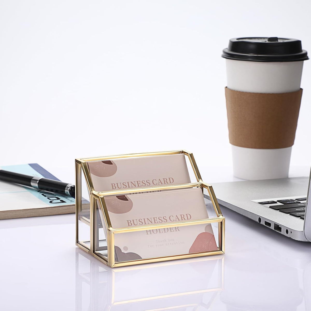 Hipiwe Glass Business Card Holder for Desk 2 Slots Gold Name Card Stand
