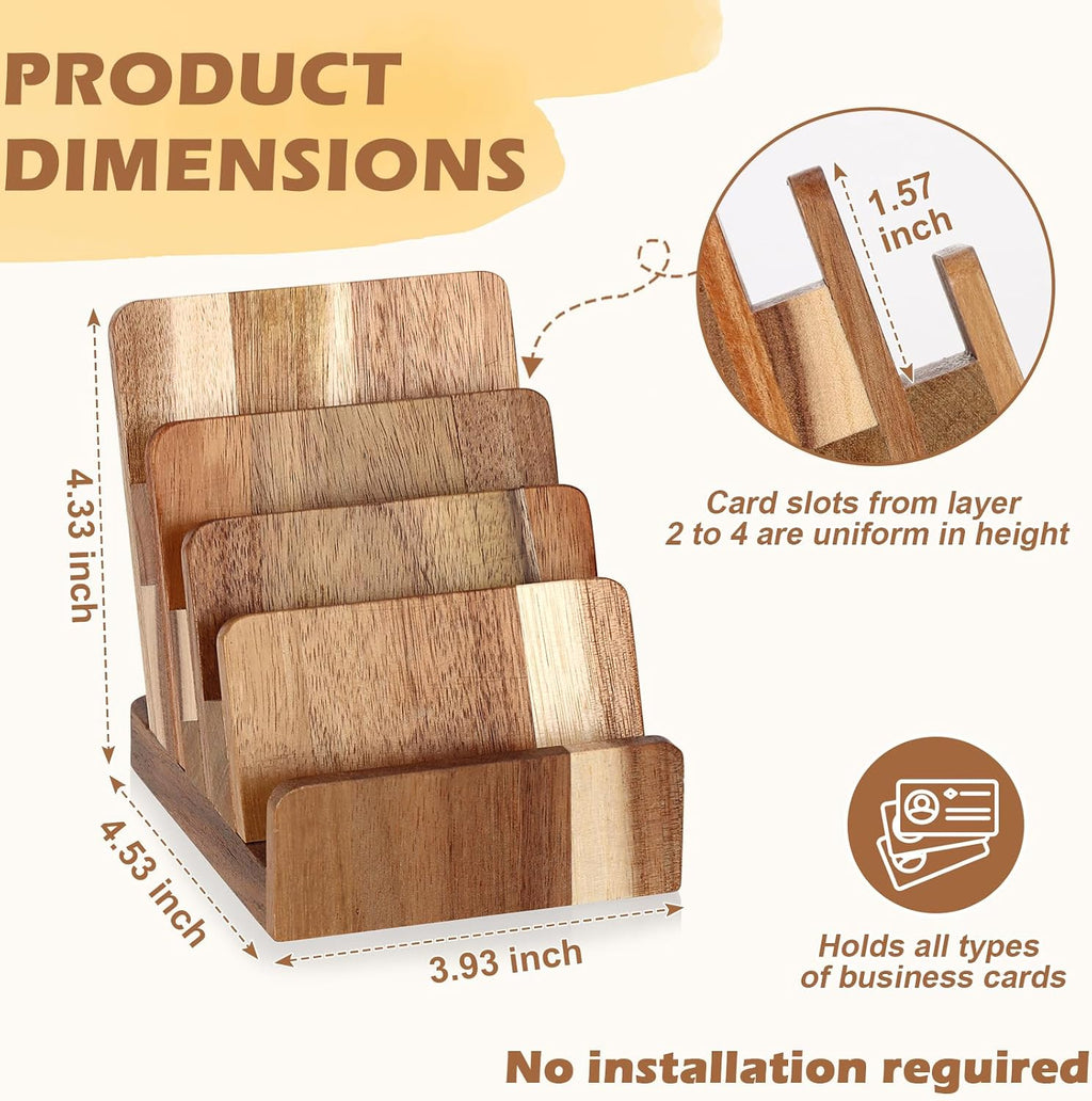 Acacia Wood Business Card Holder 4 Tier Multiple Business Card Display Stands Desktop Business Card Organizer 4 Slots Gift Card Rack Index Card Storage for Office Exhibition Meeting Home Men Women