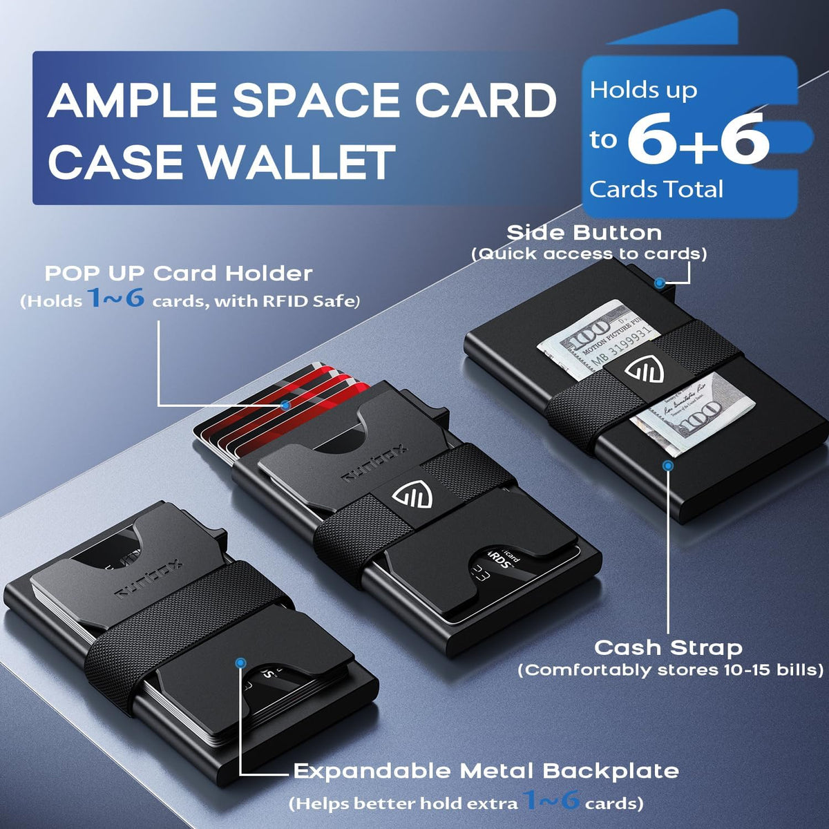 RUNBOX Slim Wallet for Men, RFID Aluminum Pop-Up Card Holder for 12 Cards