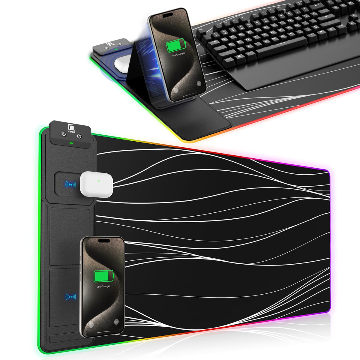 XXL Mouse Pad with Phone Holder - Black, RGB Desk Mat with 15W Fast Charging, LED Gaming Mousepad with 11 Light Colors, Waterproof Non-Slip Pad for Office & Home (Black with PD Adapter)