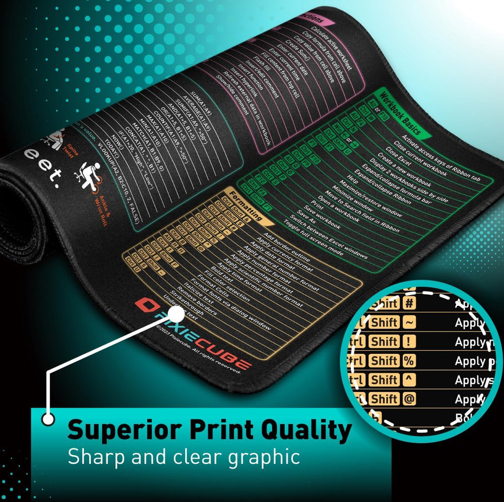 Pixiecube Excel Cheat Sheet Desk Pad | Excel Shortcut Keys Mouse Pad | Extended Large XL Gaming Mousepad | PC Office Spreadsheet Keyboard Mat | Non-Slip Stitched Edge
