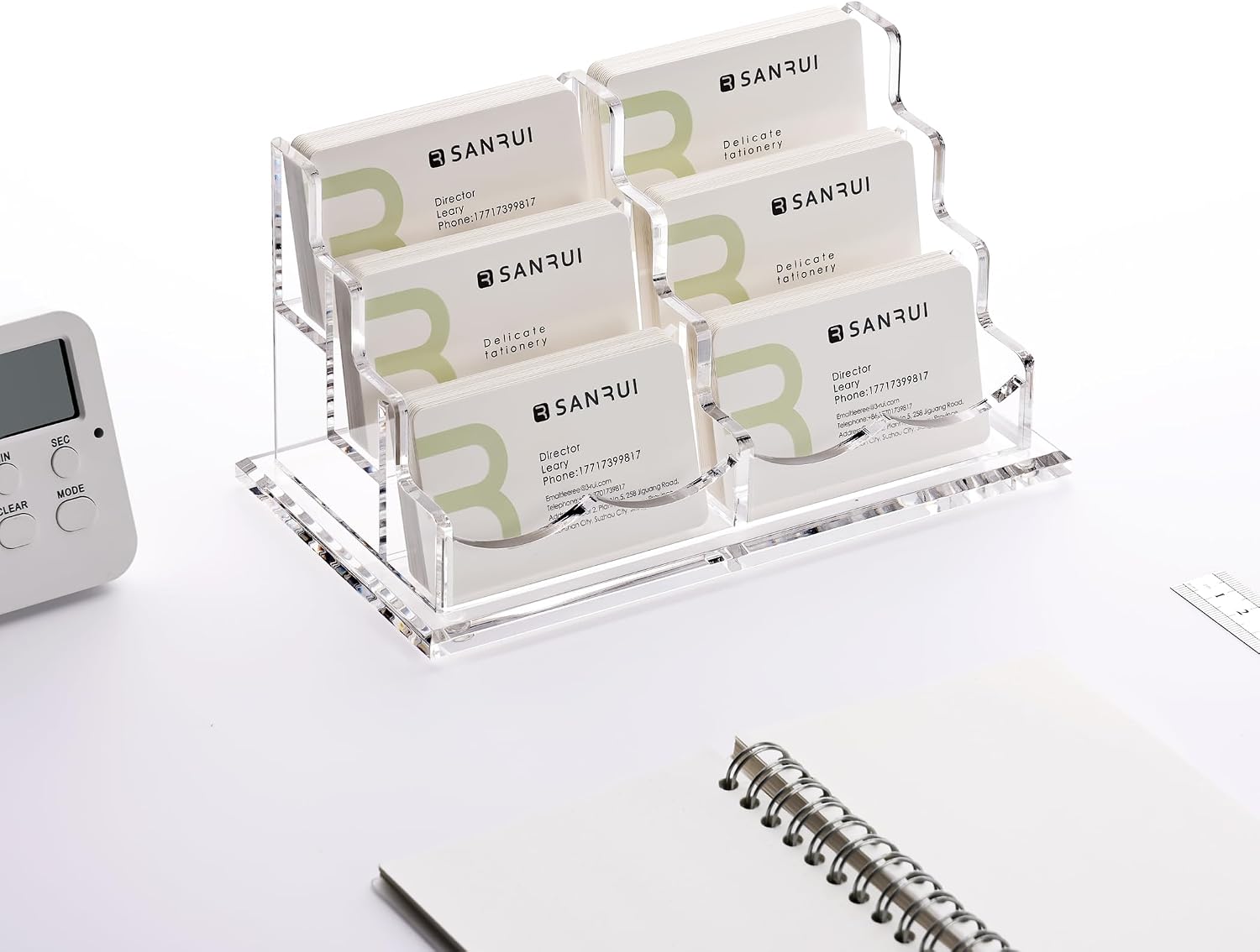 SANRUI Clear Acrylic Desk Business Card Holder, 6 Horizontal Slots