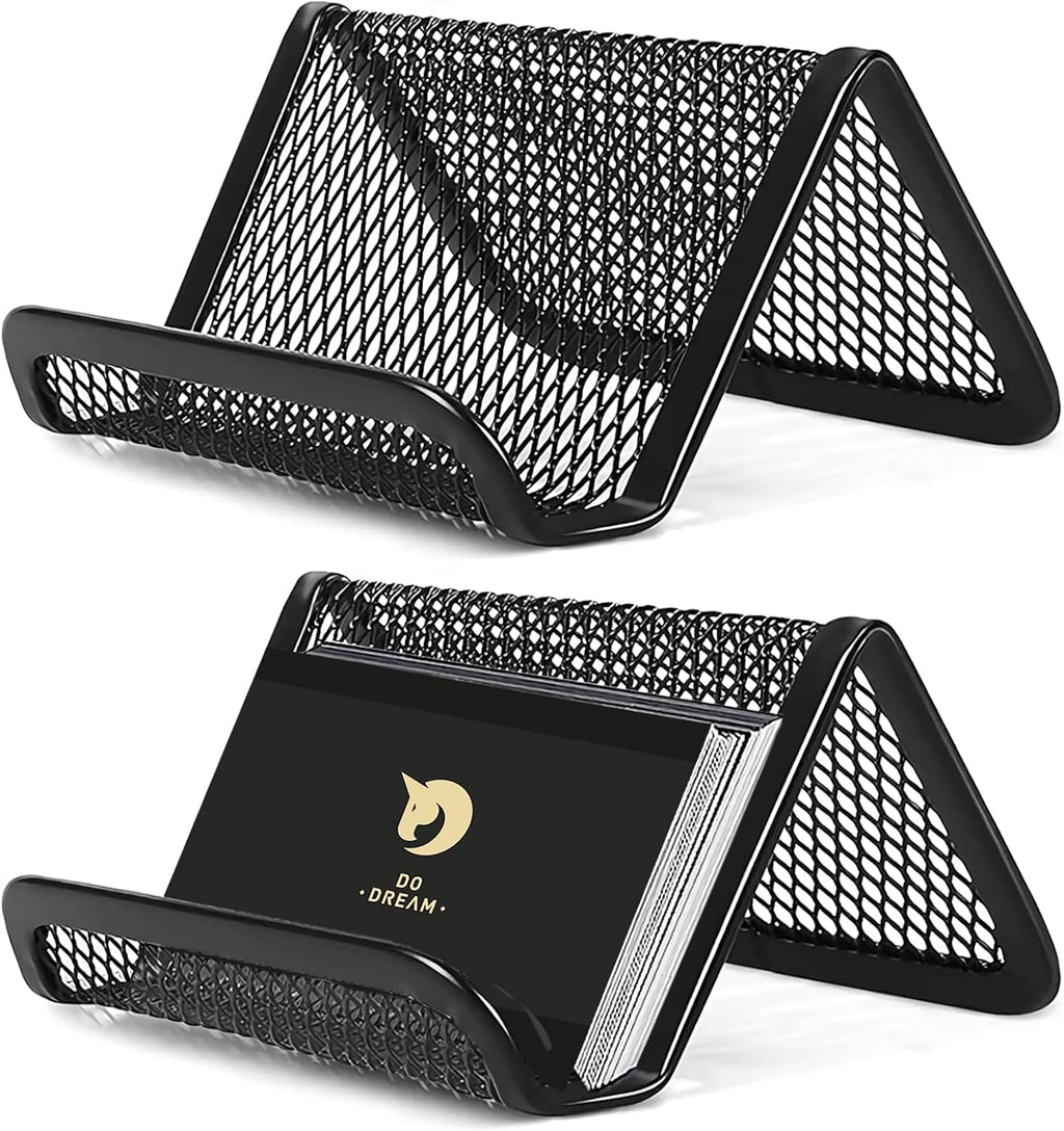 2 Pcs Black Business Card Holder Desk, Wire Mesh Business Card Holder Display, Desktop Business Card Stand, Metal Business Card Display Holder for real estate, Office, Tradeshow, Bar (2)