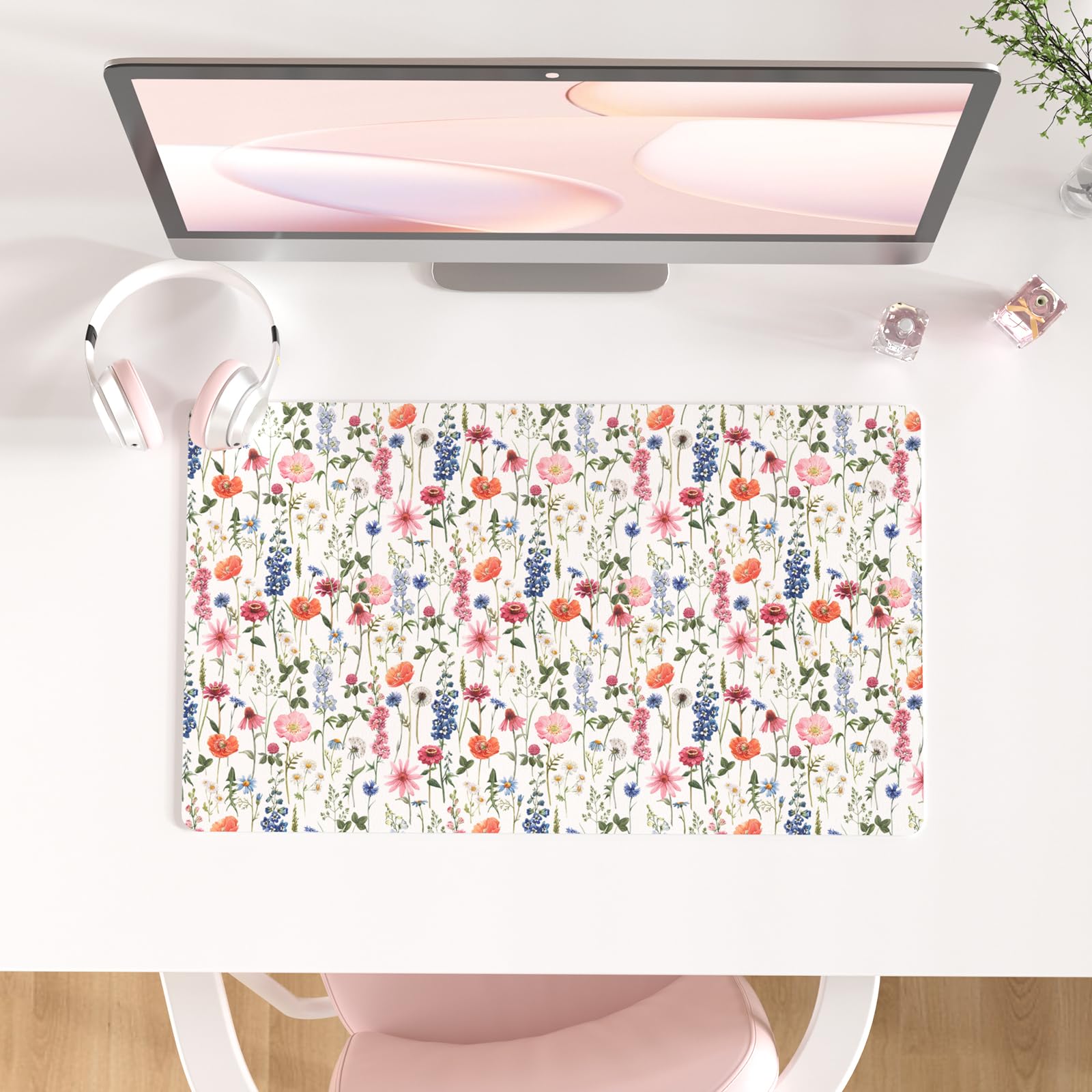 Faux Leather Large Mouse Pad, Office Desk Mat, 31.5"x15.7", Pink Floral
