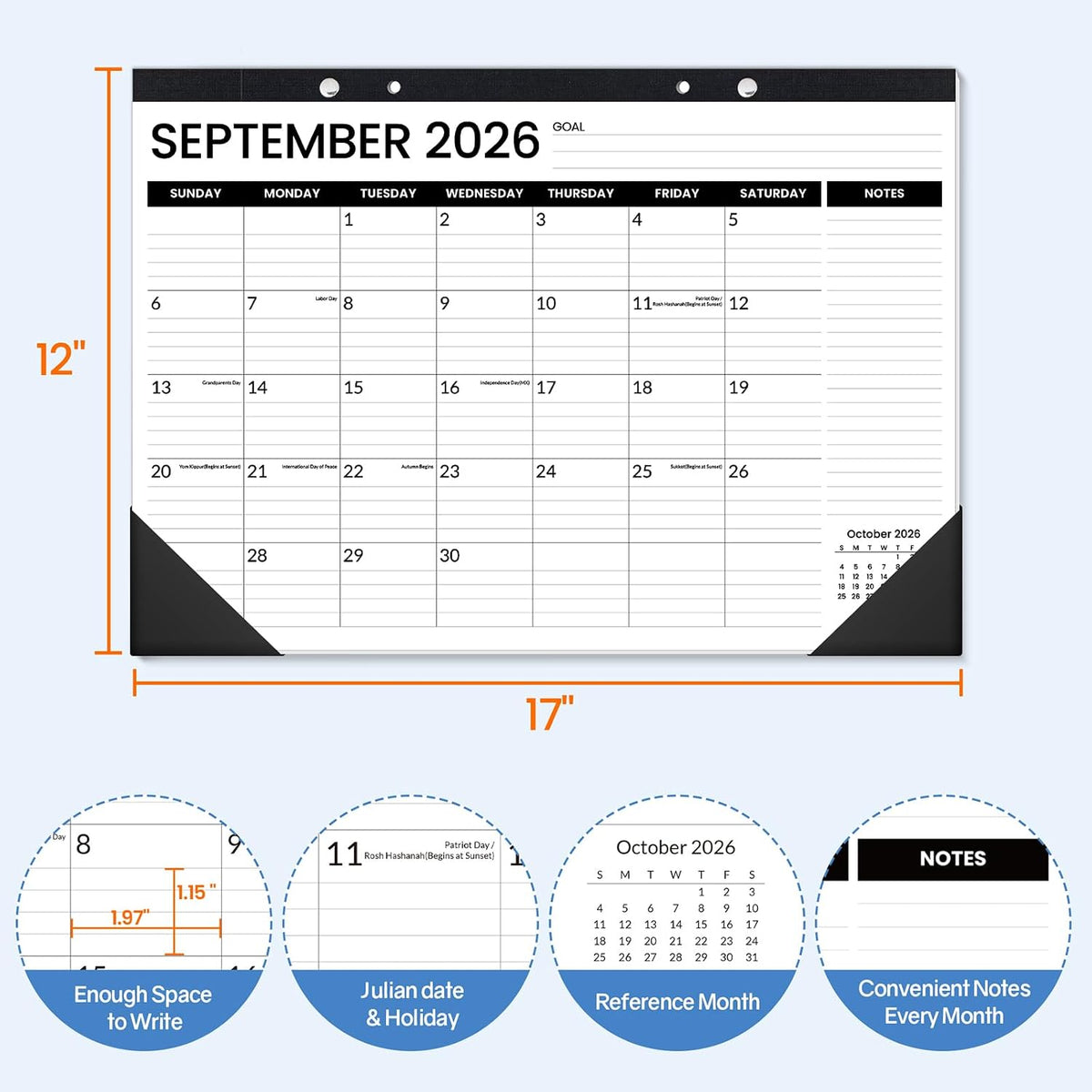 SUNEE Desk Calendar 2026-2027, 17" x 12", 18-Month Monthly Desk Calendar from Jul. 2026 - Dec. 2027, Academic Desk Calendar with Notes Section for Teacher, School, Black With Note
