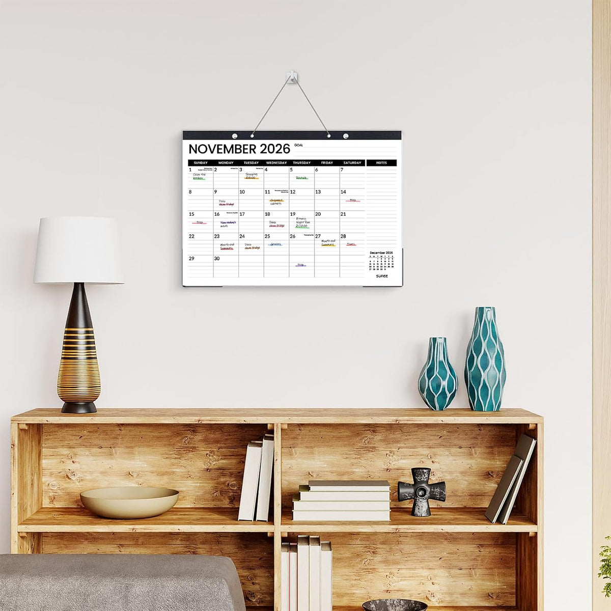 SUNEE Desk Calendar 2026-2027, 17" x 12", 18-Month Monthly Desk Calendar from Jul. 2026 - Dec. 2027, Academic Desk Calendar with Notes Section for Teacher, School, Black With Note