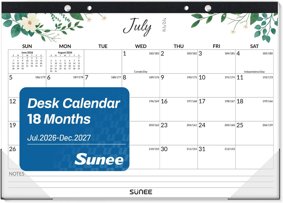SUNEE Desk Calendar 2026-2027 17" x 12", 18 Month Calendar Jul. 2026 - Dec. 2027, Calendar 2026-2027 With Notes, for Planning, Organizing in Family, School or Office - Greenery