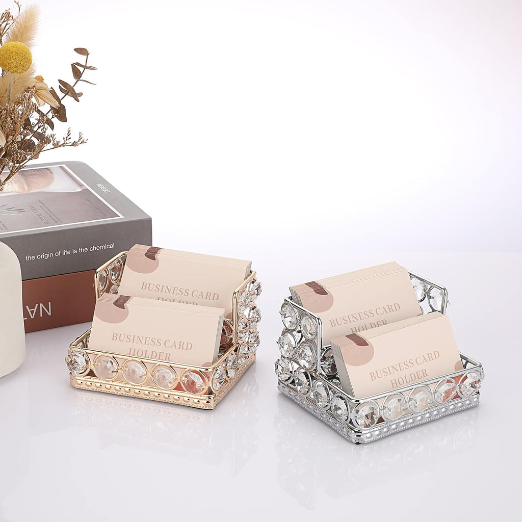Hipiwe 2 Tiers Crystal Business Card Holder Gold Mirrored Cards Organizer