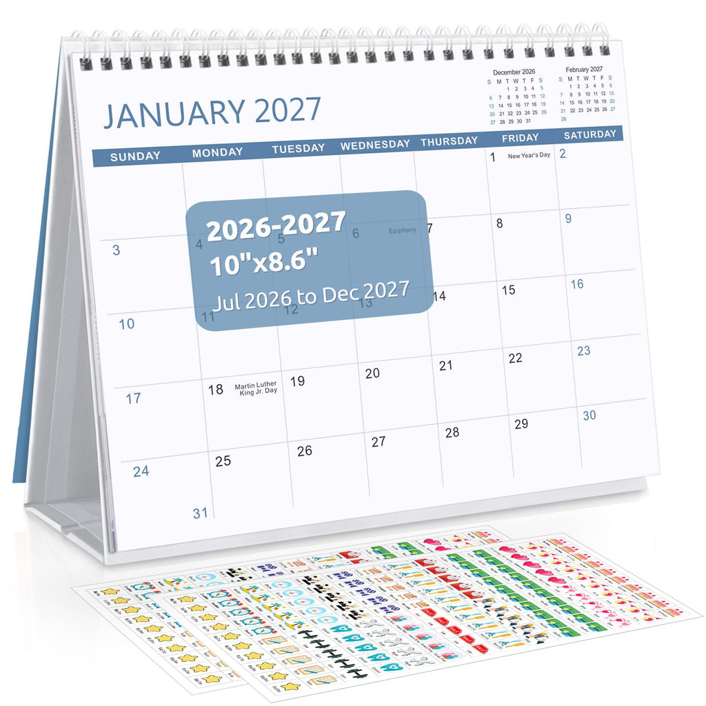 SKYDUE Desk Calendar 2026-2027, Jul 2026 to Dec 2027, 18 Months Small Desk Calendar with Planner Stickers, 10" x 8" Desktop Calendar Planner Standing Flip, Black