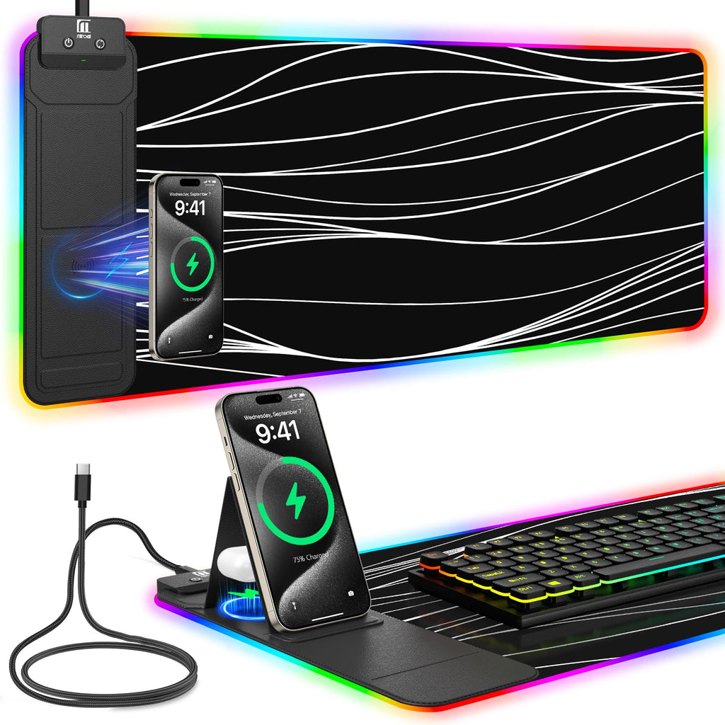 Wireless Charging RGB Mouse Pad with Phone Stand, Large Gaming Desk Mat