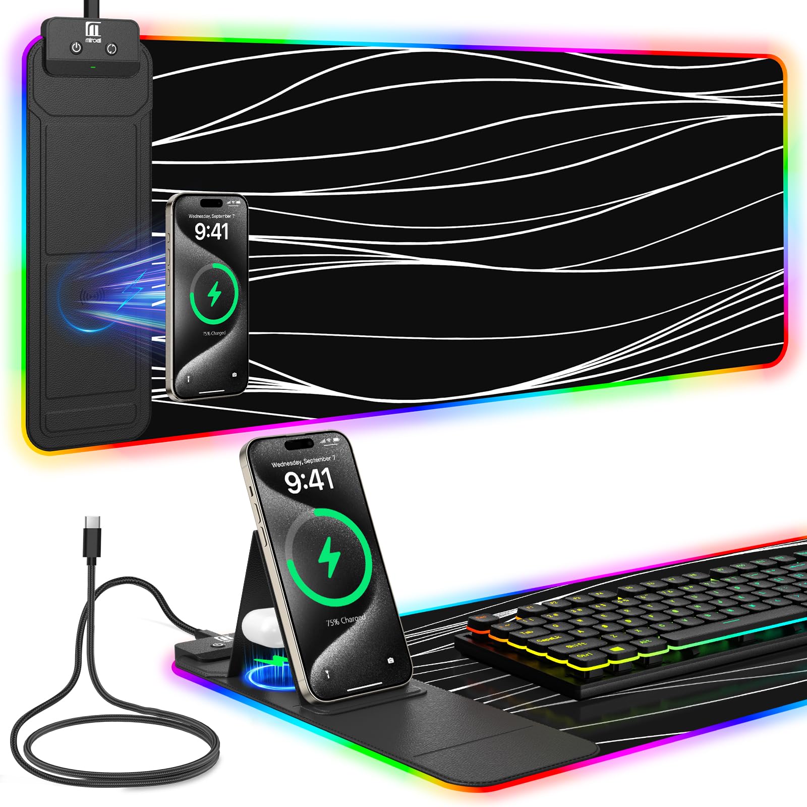 Wireless Charging RGB Mouse Pad with Phone Stand, Large Gaming Desk Mat