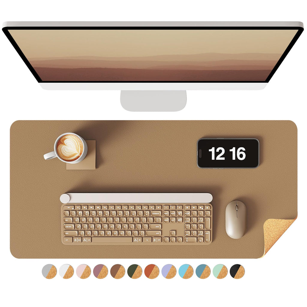 YSAGi Double-Sided Desk Pad, 31.5"x15.7"Leather Desk Mat, Eco Cork Desk Pad Protector,Large Mouse Pad,Waterproof Desk Blotter for Office/Home(Coffee)
