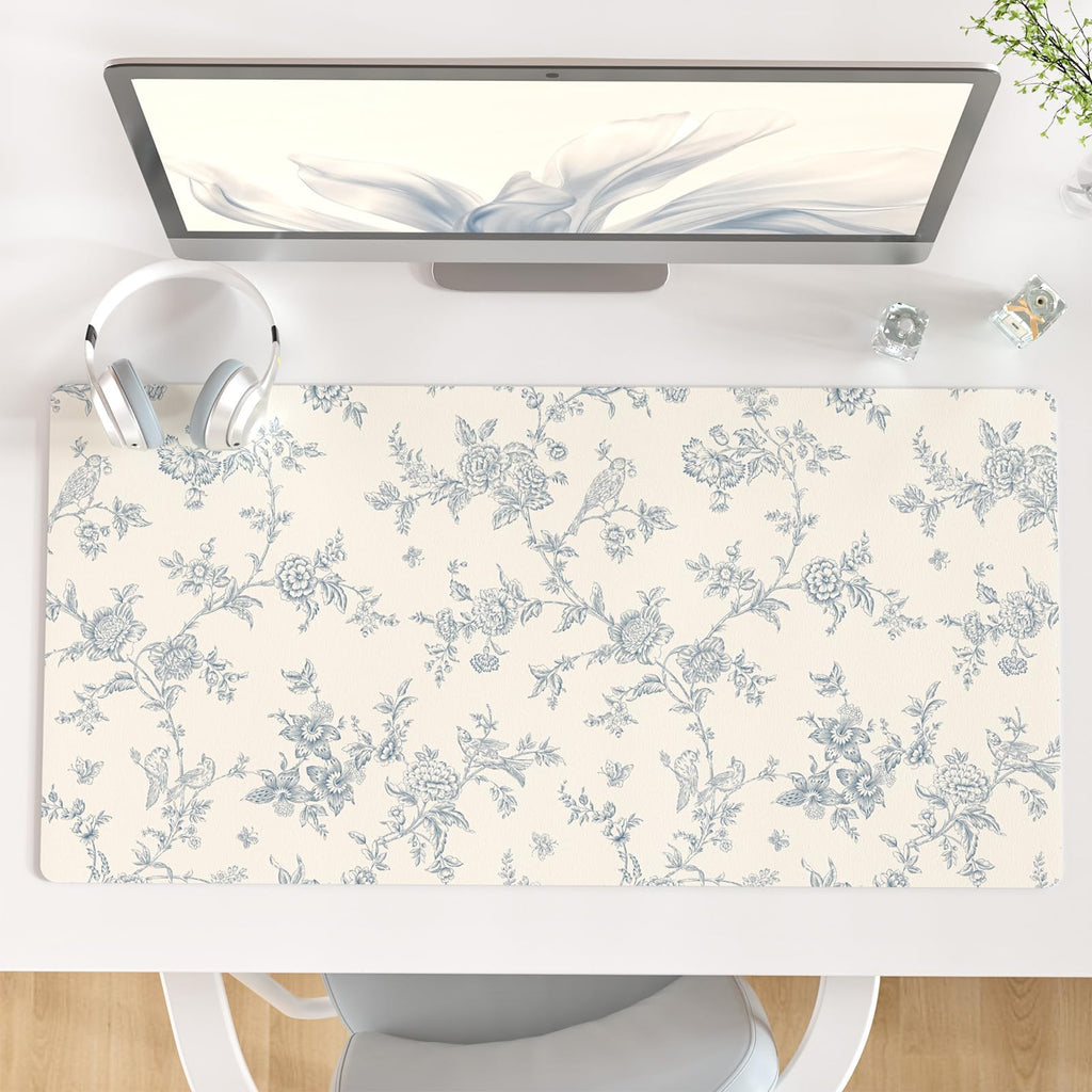 QIYI PU Leather Large Mouse Pad, Waterproof Desk Mat, 31.5" x 15.7", Peony