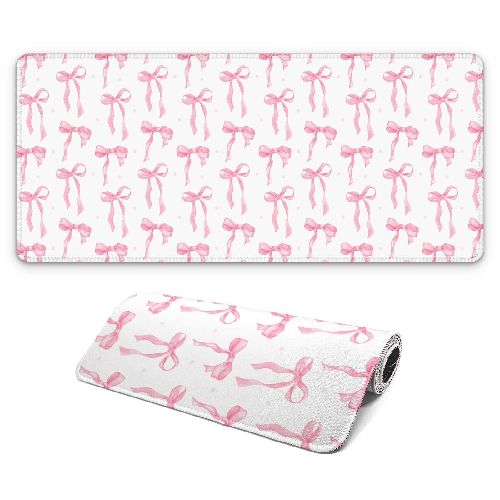 Large Computer Mouse Pad with Non-Slip Base for Desktop, Cute Gaming Mouse Mat with Stitched Edges, Long Extended Anime Mousepad for Laptop, 31.5 x 11.8 inches (Cute Ribbon Bow)