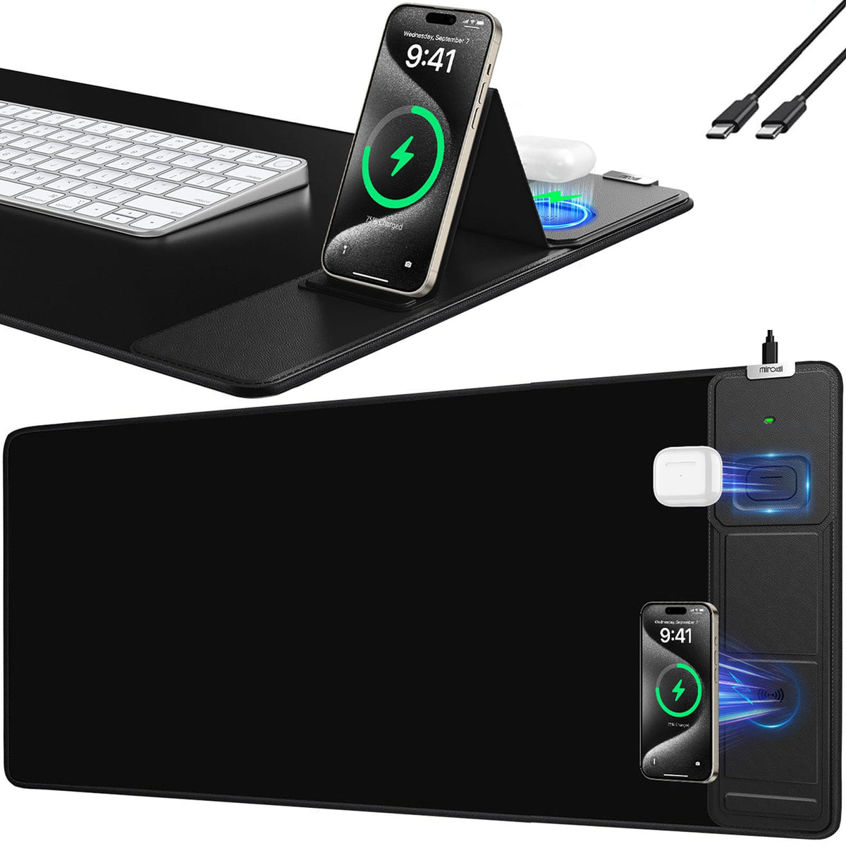 XXL Mouse Pad with Phone Holder - Black, RGB Desk Mat with 15W Fast Charging, LED Gaming Mousepad with 11 Light Colors, Waterproof Non-Slip Pad for Office & Home (Black with PD Adapter)