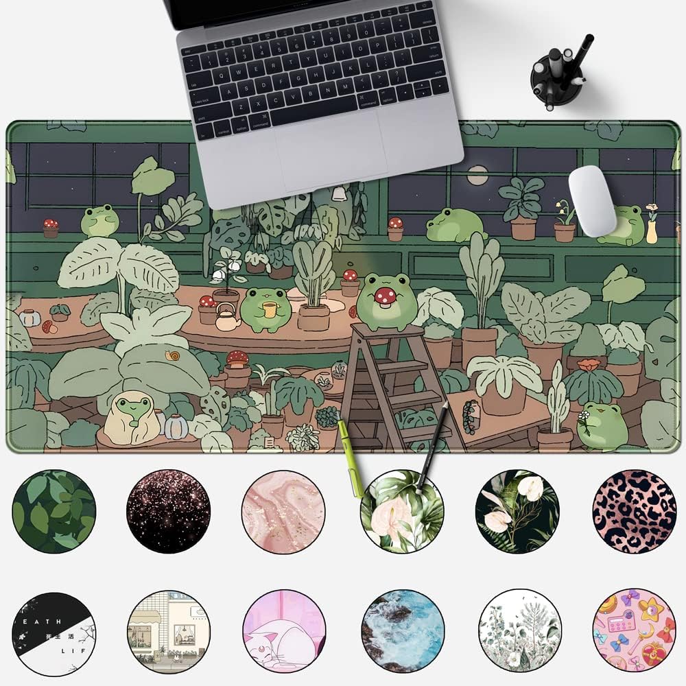 Cute Frog Mouse Pad Desk Pad Kawaii Green Decor Mat, Large Gaming Mouse Pad for Desk Computer Keyboard Laptop, Desk Decor Home Office Accessories for Girl (31.5x15.7 in) with Stitched Eges Pad