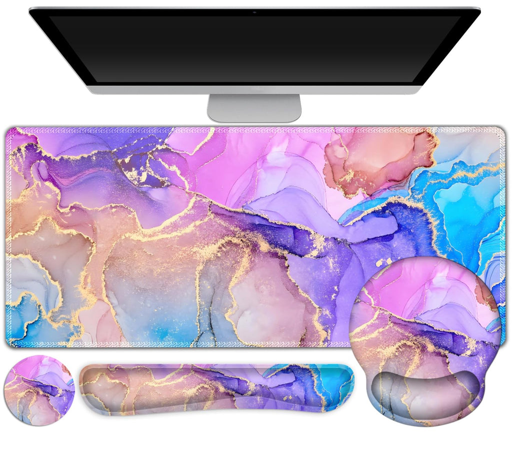 Gaming Mouse Pad Large Desk Mat, Cute Purple Marble Rose Desk Pad Protector