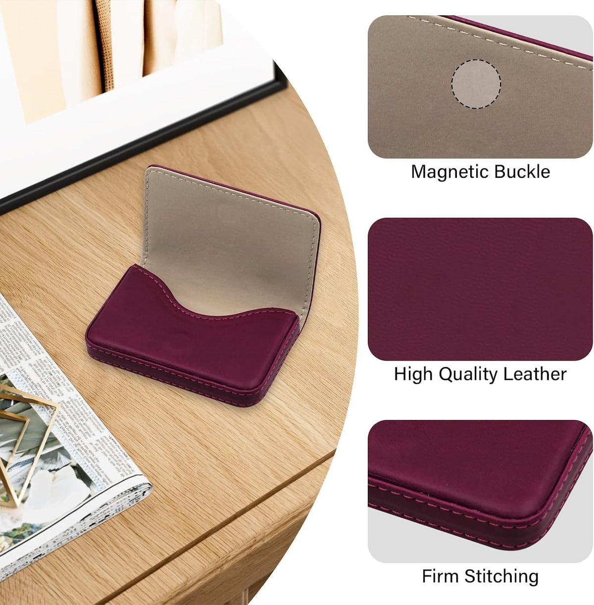 Business Credit Card Holders, Magnetic Sealing Anti Drop, PU Leather Debit Card Protector Organizer Case (Maroon Red)