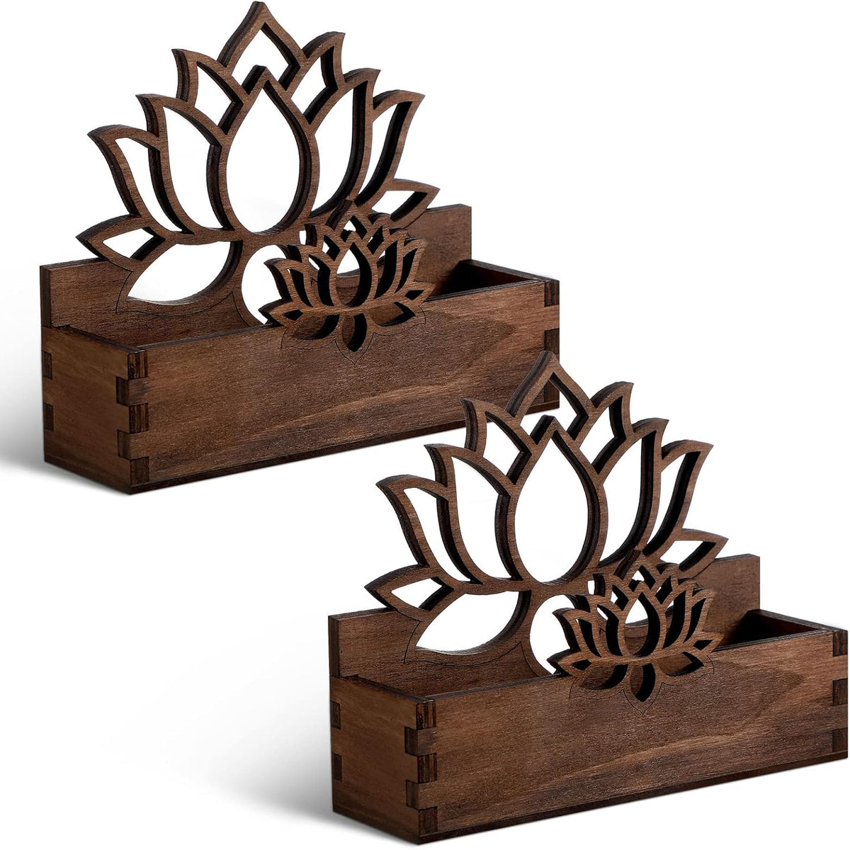 Qunclay 2 Pack Lotus Flower Business Card Holder, Wooden Decorative Business Card Holders for Desk Postcard Organizer Display Stand for Office Desktop(Dark Brown)