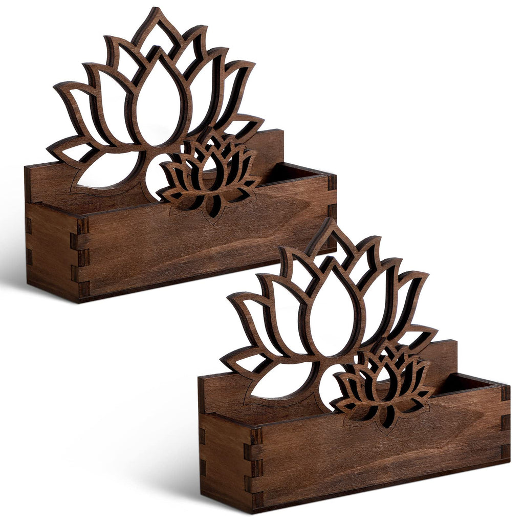 Qunclay 2 Pack Lotus Flower Business Card Holder, Wooden Decorative Business Card Holders for Desk Postcard Organizer Display Stand for Office Desktop(Dark Brown)