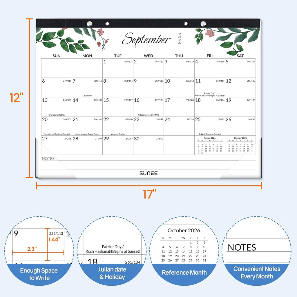 SUNEE Desk Calendar 2026-2027 17" x 12", 18 Month Calendar Jul. 2026 - Dec. 2027, Calendar 2026-2027 With Notes, for Planning, Organizing in Family, School or Office - Greenery