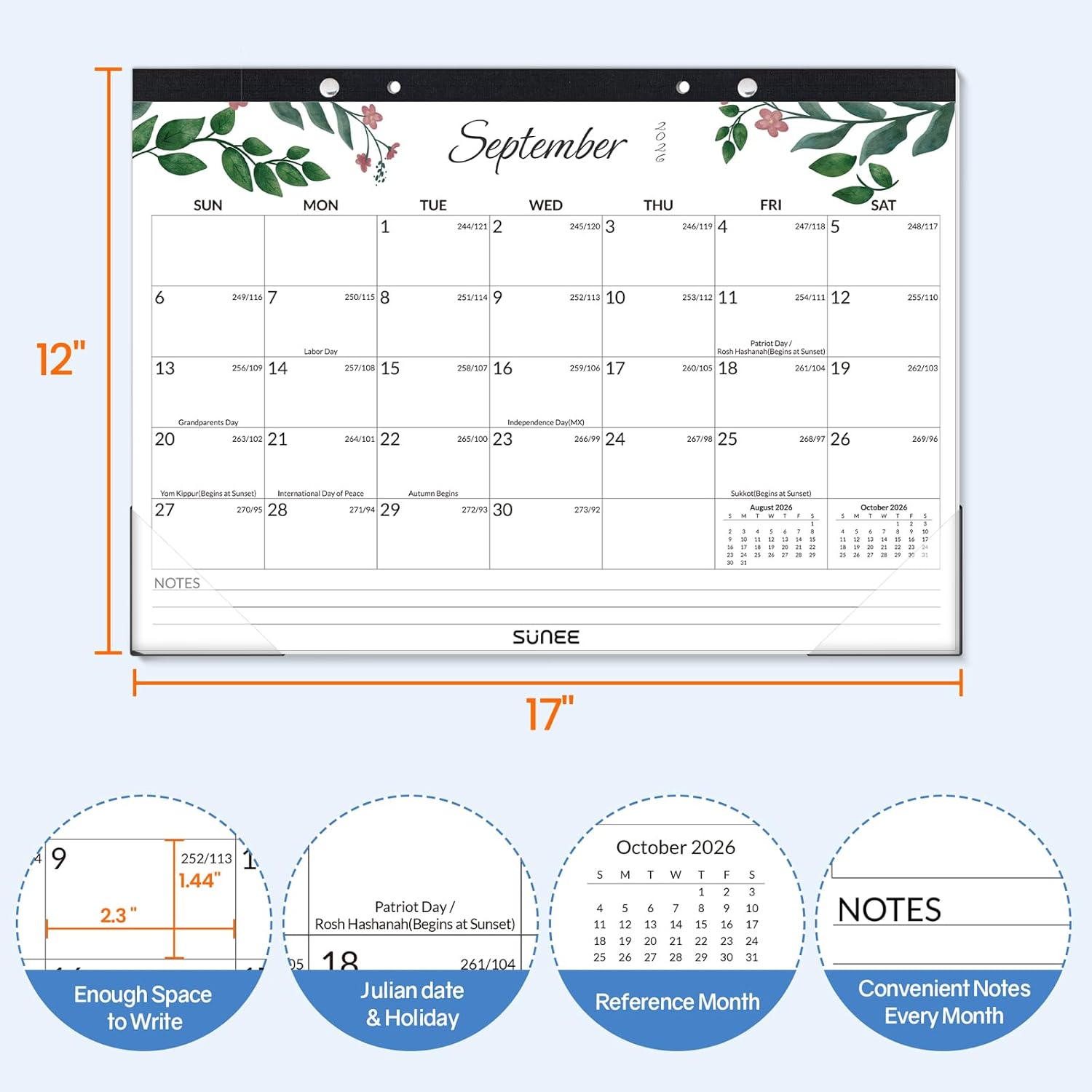 SUNEE Desk Calendar 2026-2027 17" x 12", 18 Month Calendar Jul. 2026 - Dec. 2027, Calendar 2026-2027 With Notes, for Planning, Organizing in Family, School or Office - Greenery