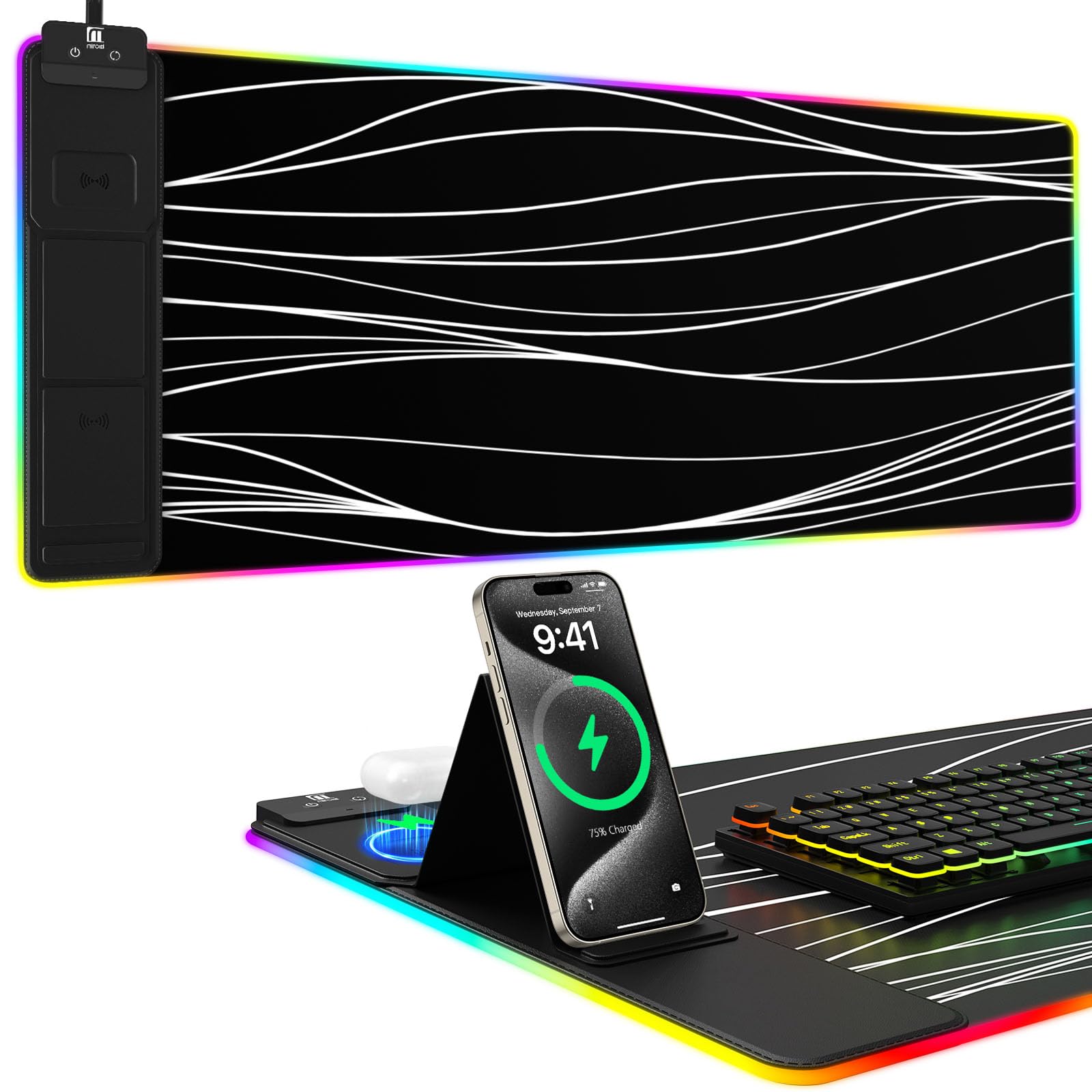 Wireless Charging RGB Mouse Pad with Phone Stand, Large Gaming Desk Mat