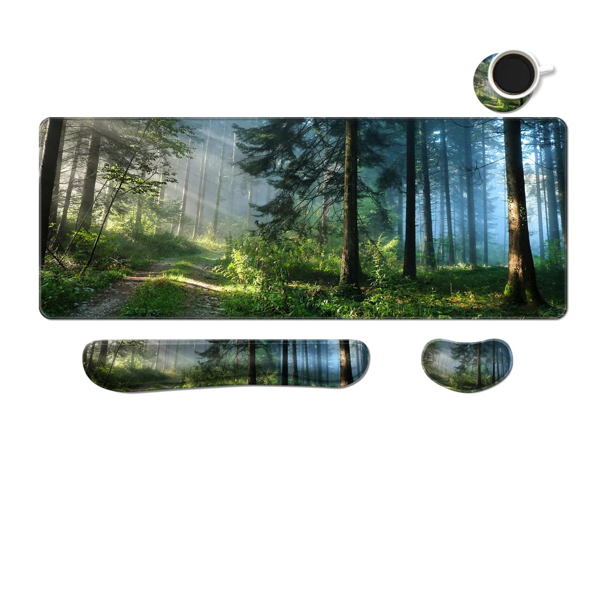 MIBITRI Keyboard Mouse Pad Set, Extended Gaming Mouse Pad+Ergonomics Keyboard Wrist Rest Support, Memory Foam, Easy Typing Pain Relief, 4Pcs XXL Ultra Thick Desk Mat, Enchanted Bookshelf