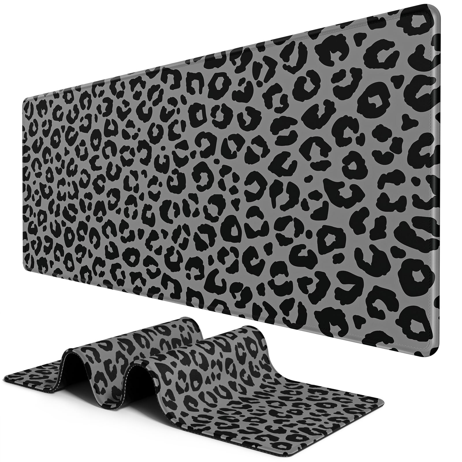 BOSOBO Extended Gaming Desk Mat, XXL Full Cover 31.5 x 11.8 Inches, Black Leopard Print