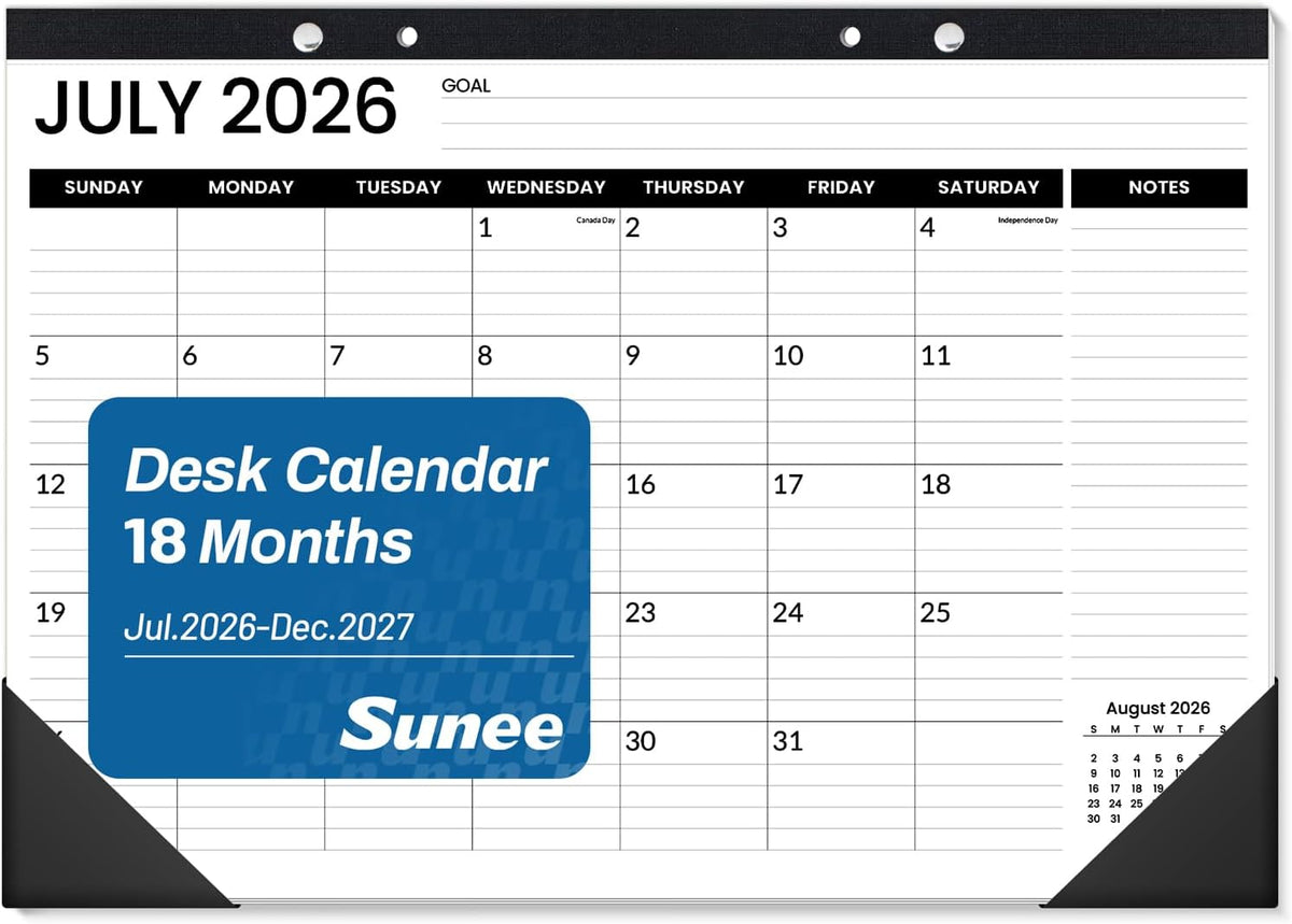 SUNEE Desk Calendar 2026-2027, 17" x 12", 18-Month Monthly Desk Calendar from Jul. 2026 - Dec. 2027, Academic Desk Calendar with Notes Section for Teacher, School, Black With Note