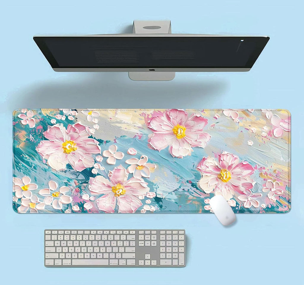 Large Mouse Pad Mousepad, Pink Flowers in a Blue Desk Mats for Desktop, Watercolor Beautiful Floral Laptop Computer Desk Pad, Non-Slip Rubber Base Desktop Mat, 31.5 x 11.8 inches