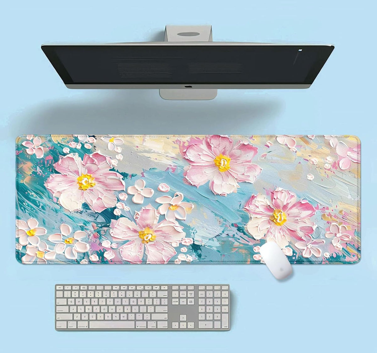 Large Mouse Pad Mousepad, Pink Flowers in a Blue Desk Mats for Desktop, Watercolor Beautiful Floral Laptop Computer Desk Pad, Non-Slip Rubber Base Desktop Mat, 31.5 x 11.8 inches
