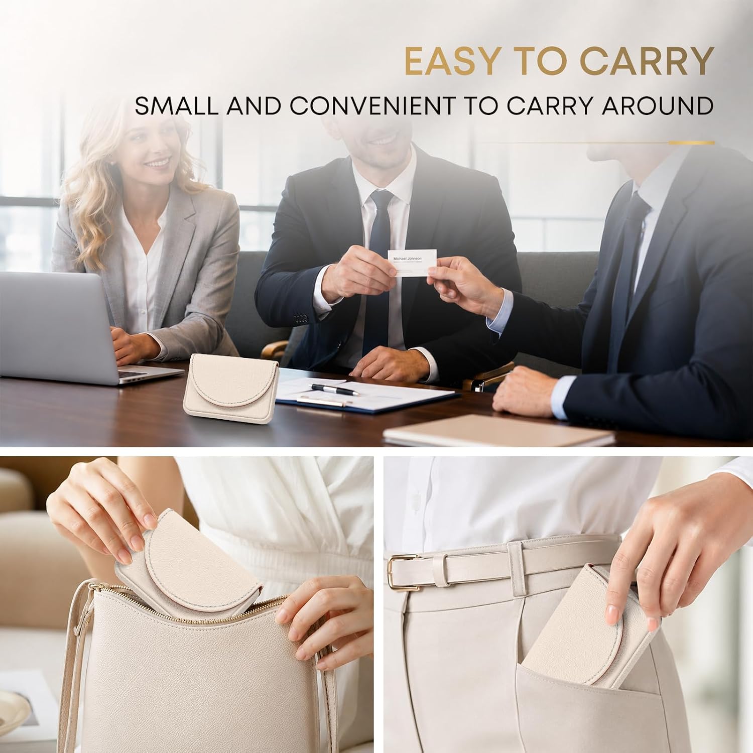 Business Card Holder，PU Leather Business Card Case Wallet White